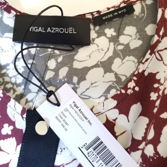 Yigal Azrouel Celosia Floral Round Neck Long Sleeve Black Maroon Blouse … - Picture 3 of 8